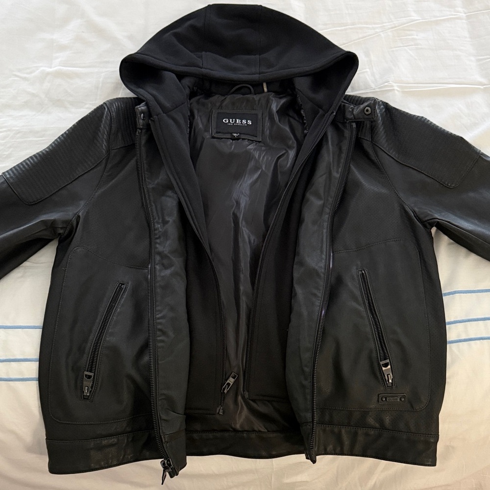 GUESS Men's Black Faux Leather Bomber Jacket
